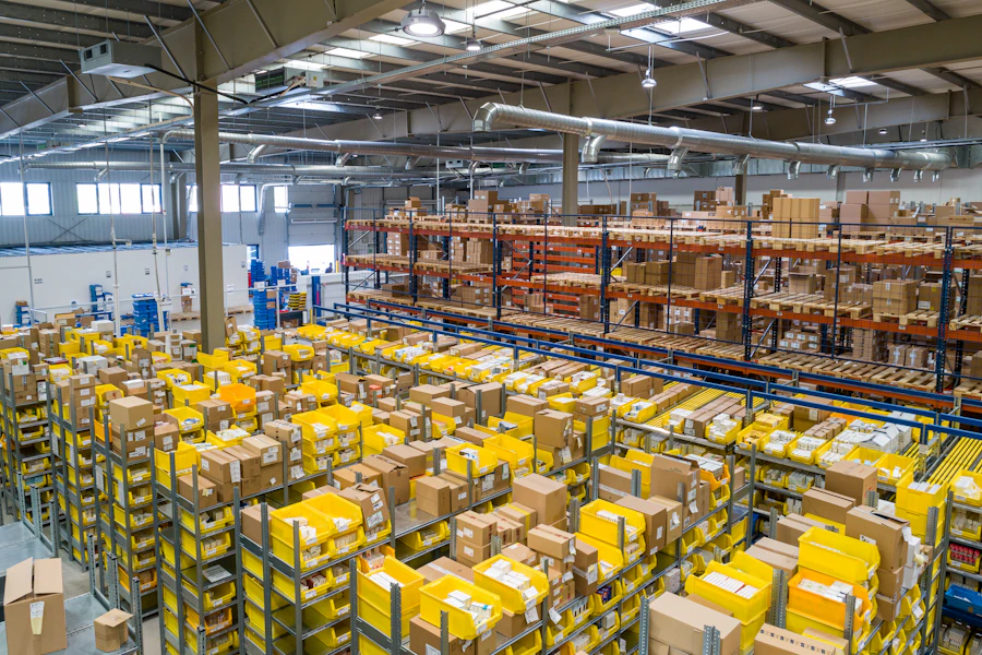 Armazém logístico com prateleiras altas e corredores para movimentação de mercadorias